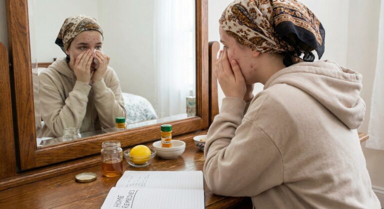 Girl with comedonal acne crying infront of mirror and thinking of using home remedies