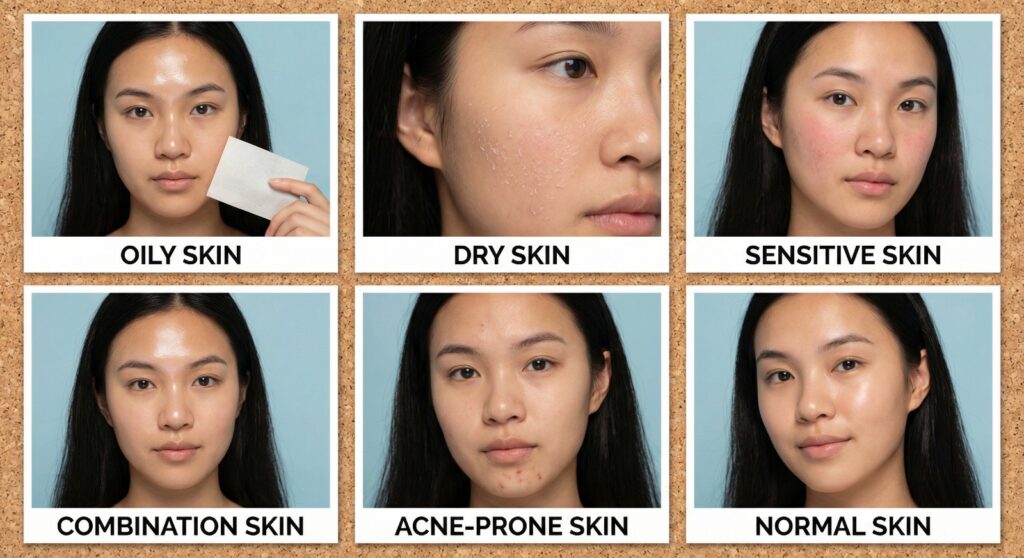 Skin types: oily skin, dry skin, acne prone skin, sensitive skin, normal skin and combination skin