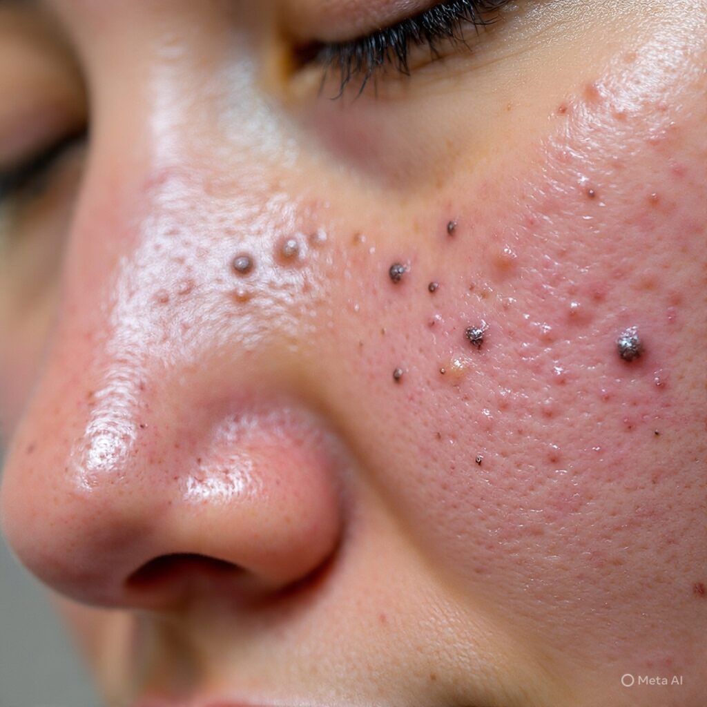 Blackheads on skin. (type of comedones)