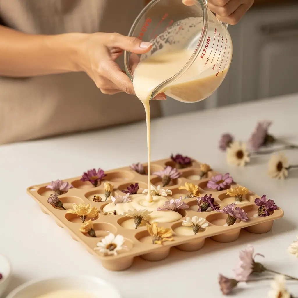 pour into moulds, preferably silicone moulds. 