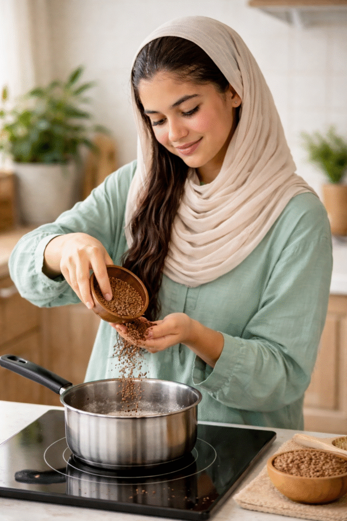 Girl is preparing flaxseed gel at home to use hair.