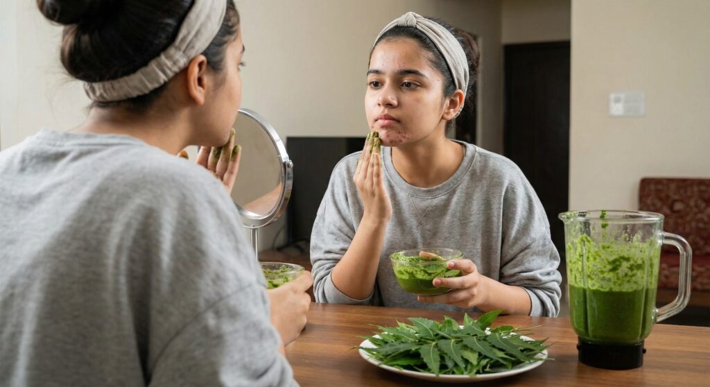 Neem leaves has anti biotic properties that helps to remove acne breakouts and reduce dark spots
