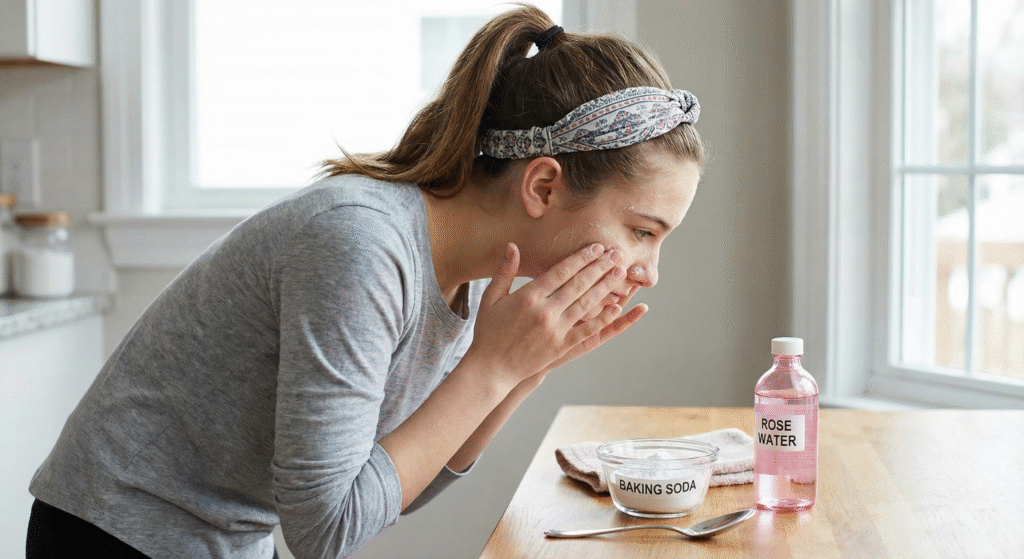 Baking soda and rose water is one of the best combination for acne prone skin