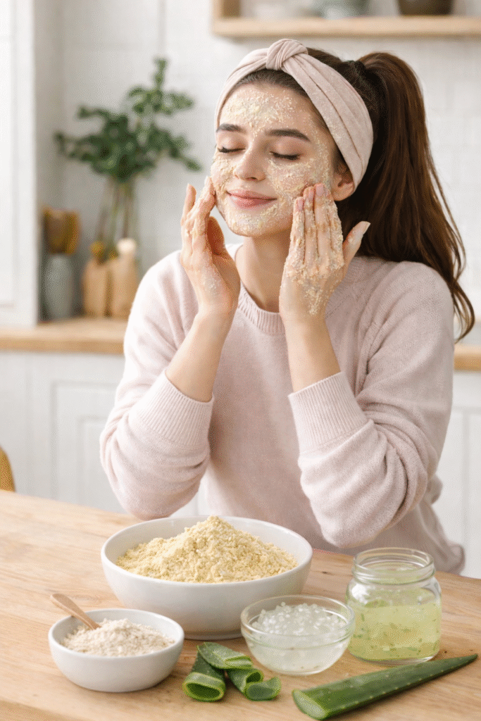 Rice and aloevera gel helps to exfoliate skin, deep cleanse the pores, remove dead skin cells and tighten pores. 