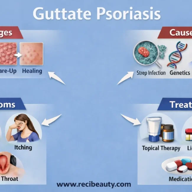 Guttate psoriasis is a sudden and often surprising type of psoriasis that usually appears as dozens of small, red, drop-like spots scattered across the skin.