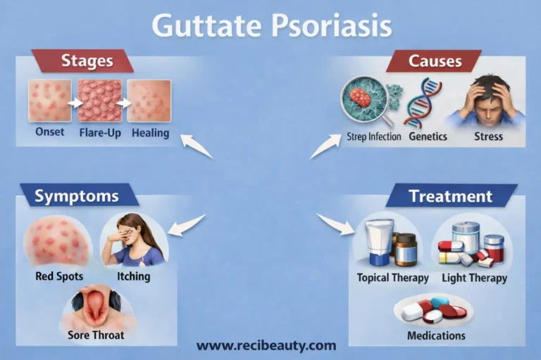 Guttate psoriasis is a sudden and often surprising type of psoriasis that usually appears as dozens of small, red, drop-like spots scattered across the skin.
